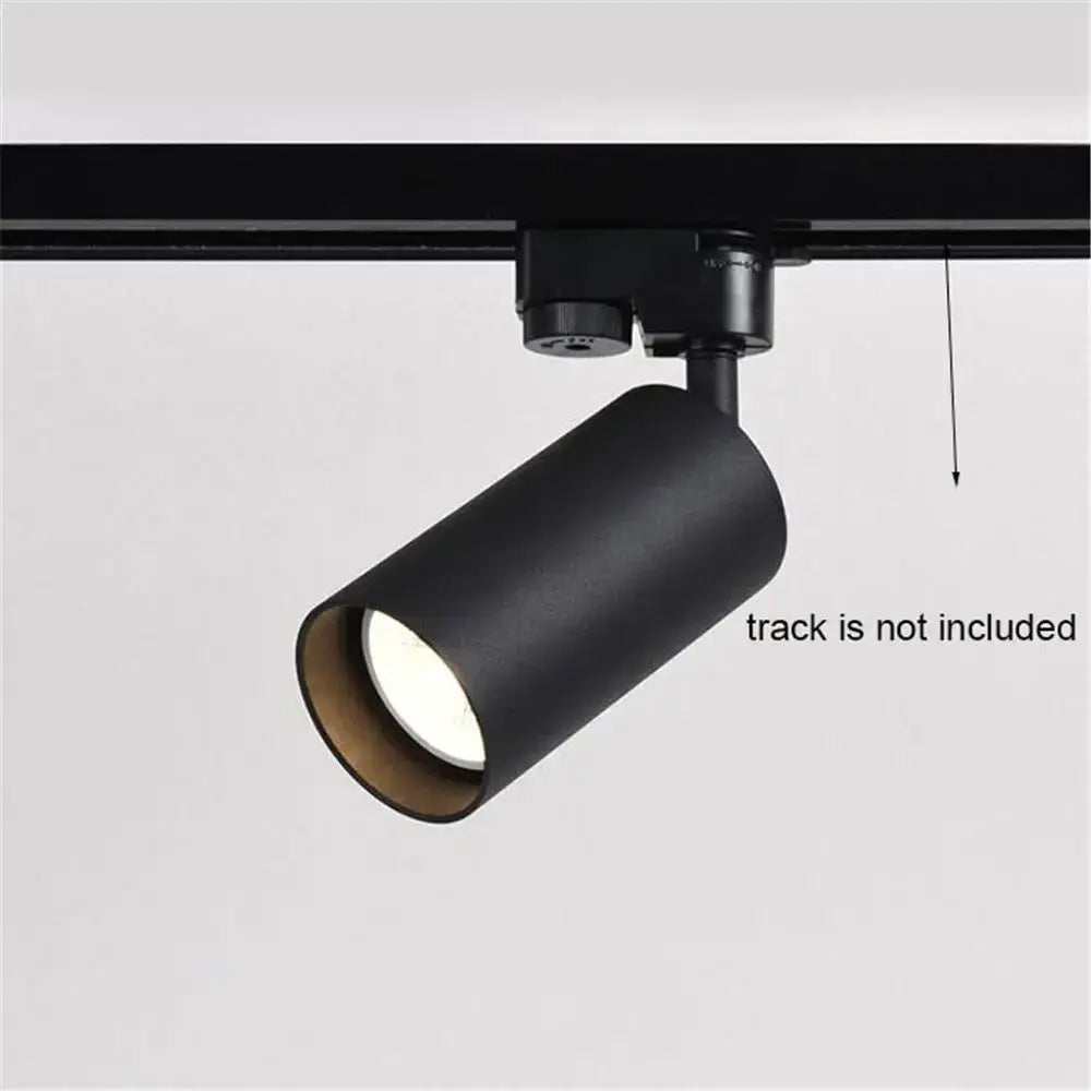 Modern black white led track lamps with matte black cylindrical design and illuminated white bulb for clothing store spotlight decorbites black white