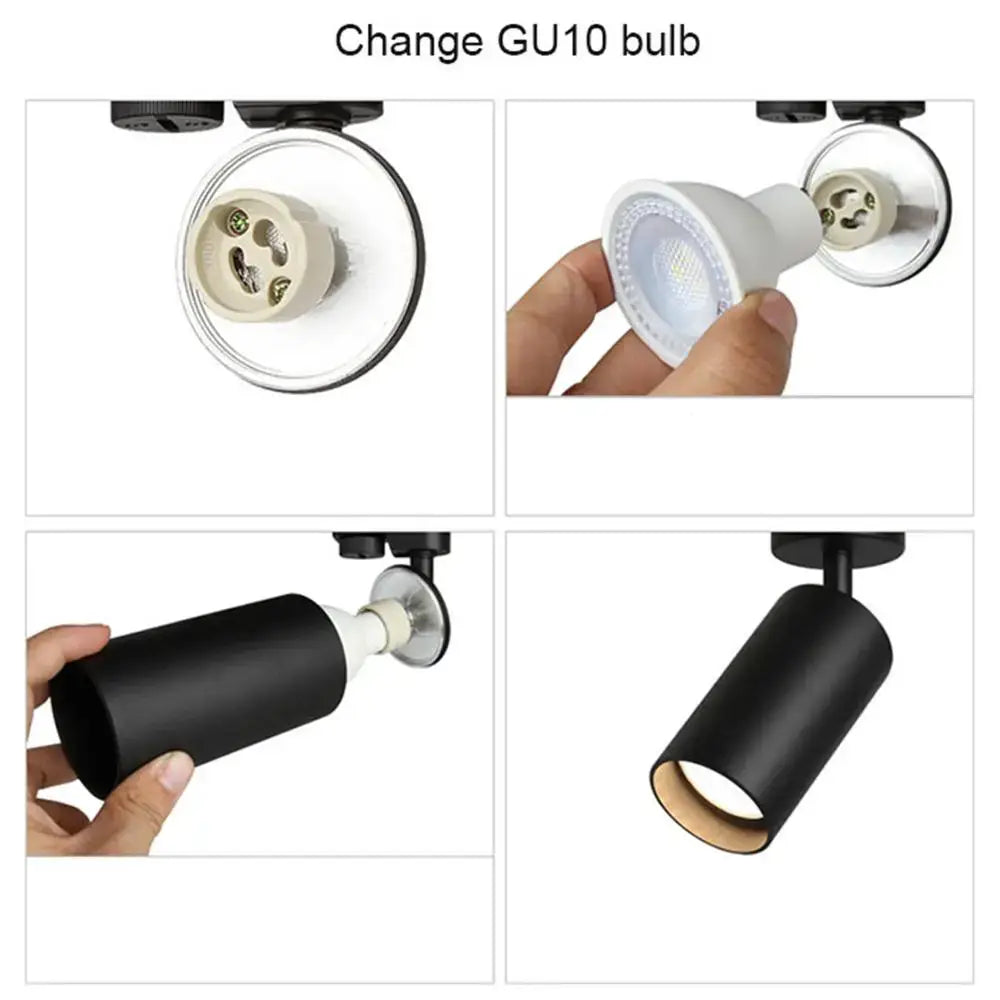 Modern black and white led track lamps featuring matte black cylindrical adjustable heads for gu10 bulb replacement