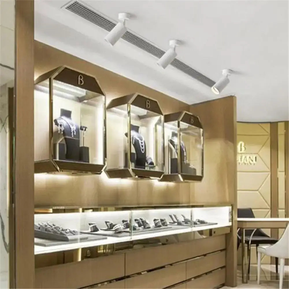Gold-toned hexagonal display cases showcase elegant necklaces under modern black white led track lamps in a luxury store
