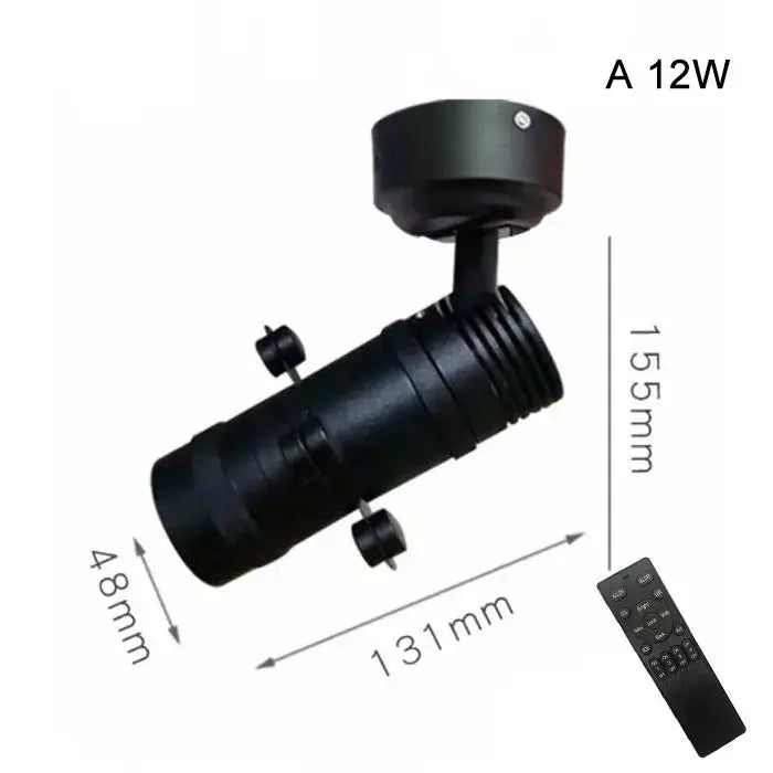 Modern black and white led track light featuring a black 12w adjustable spotlight with textured cylindrical body and remote control
