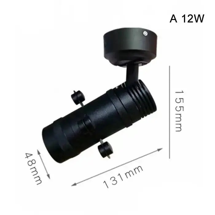 Black 12w adjustable led track light with cylindrical body and threaded mounting base for modern gallery spotlight use