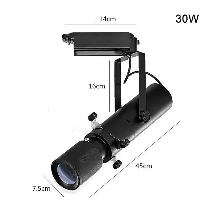 Modern black and white led track light featuring a 30w track-mounted spotlight with adjustable arm for event lighting