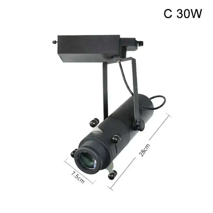 Modern black and white led track light featuring a black 30w track-mounted spotlight with adjustable cylindrical head