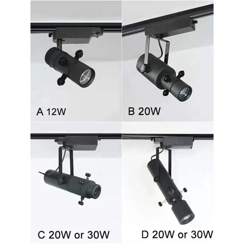 Modern black and white led track light gallery spotlight with adjustable black cylindrical led track light heads labeled 12w to 30w