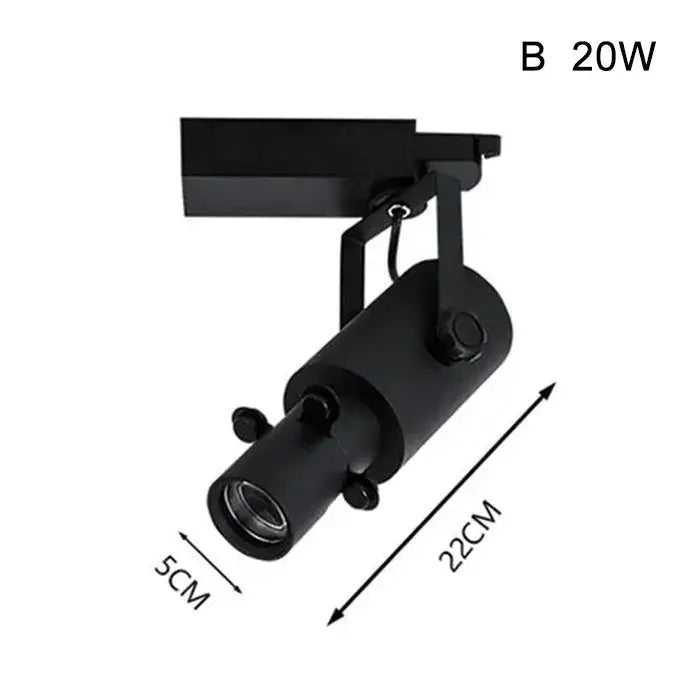 Modern black and white led track light with black matte 20w adjustable arm and cylindrical head for focused lighting
