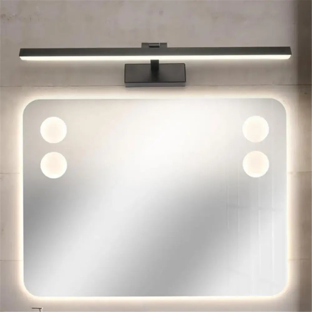 Modern black rectangular led vanity light sconce with integrated lighting and four circular bulbs for bedroom mirror