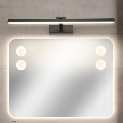 Modern black rectangular led vanity light sconce with integrated lighting and four circular bulbs for bedroom mirror