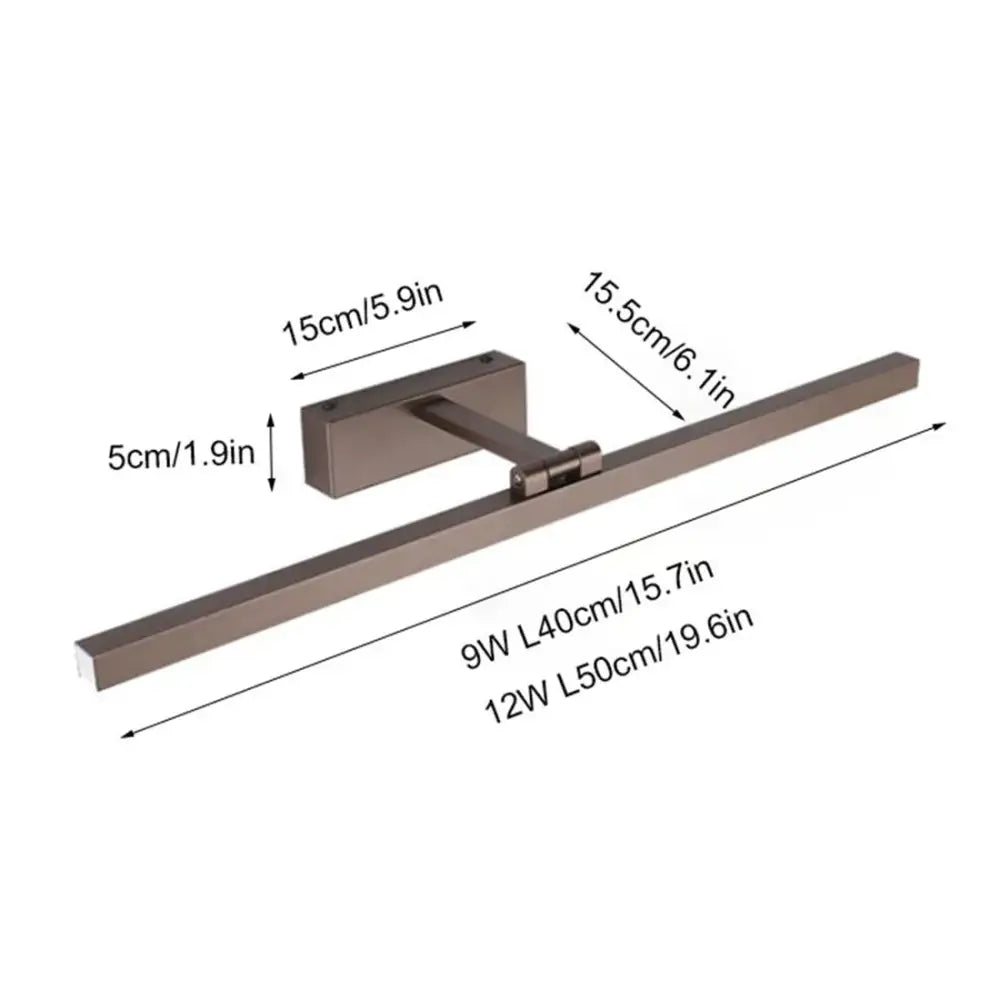 Modern black and white vanity light sconce with brushed bronze rectangular LED fixture and adjustable arm for bedroom mirror