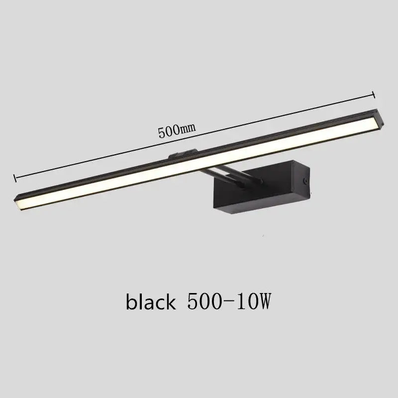 Black 500mm led vanity mirror light wall-mounted fixture with sleek rectangular design and adjustable arm for bathroom use