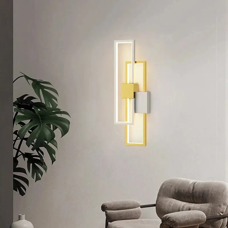 Modern black and white led wall lamp with sleek geometric gold and white metallic panels for minimalist bedroom use