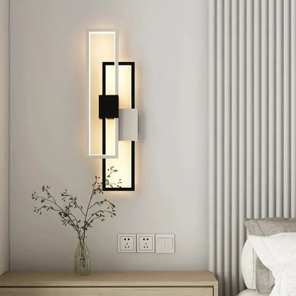 Modern black and white led wall lamp with illuminated rectangular panels for minimalist bedroom lighting