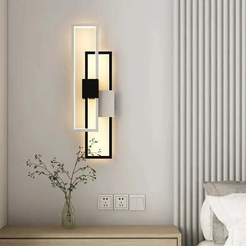 Modern black and white led wall lamp with illuminated rectangular panels for minimalist bedroom lighting