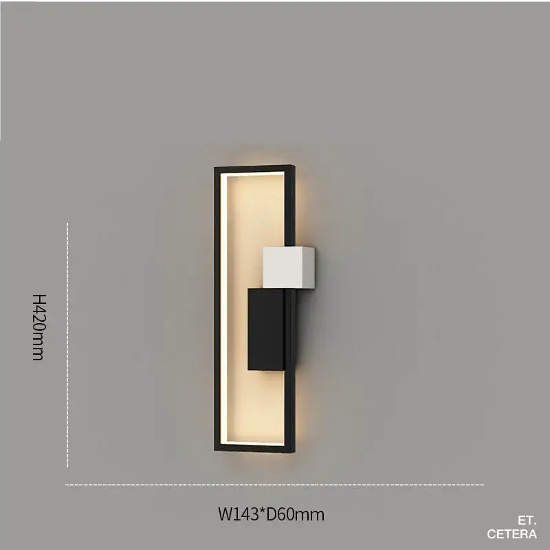 Modern black and white led wall lamp with black frame and white cube accents featuring a glowing rectangular led wall panel