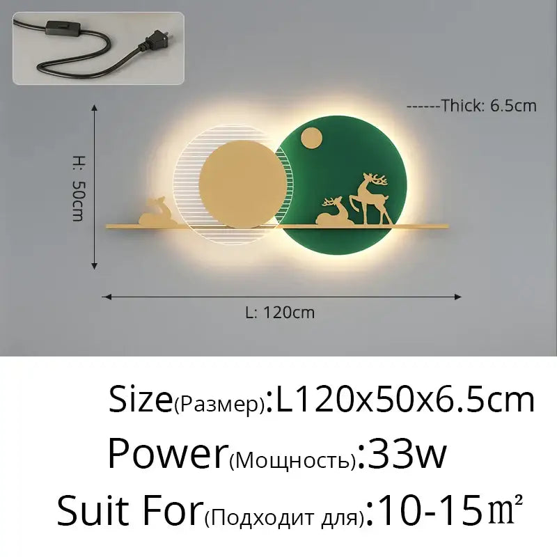 Modern black and white led wall lamps with minimalist gold and green circular panels featuring deer silhouettes and power cord