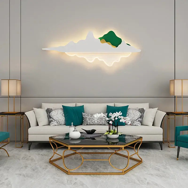 Modern mountain-shaped led wall lamp in white and green with warm lighting for bedroom geometric lighting decor