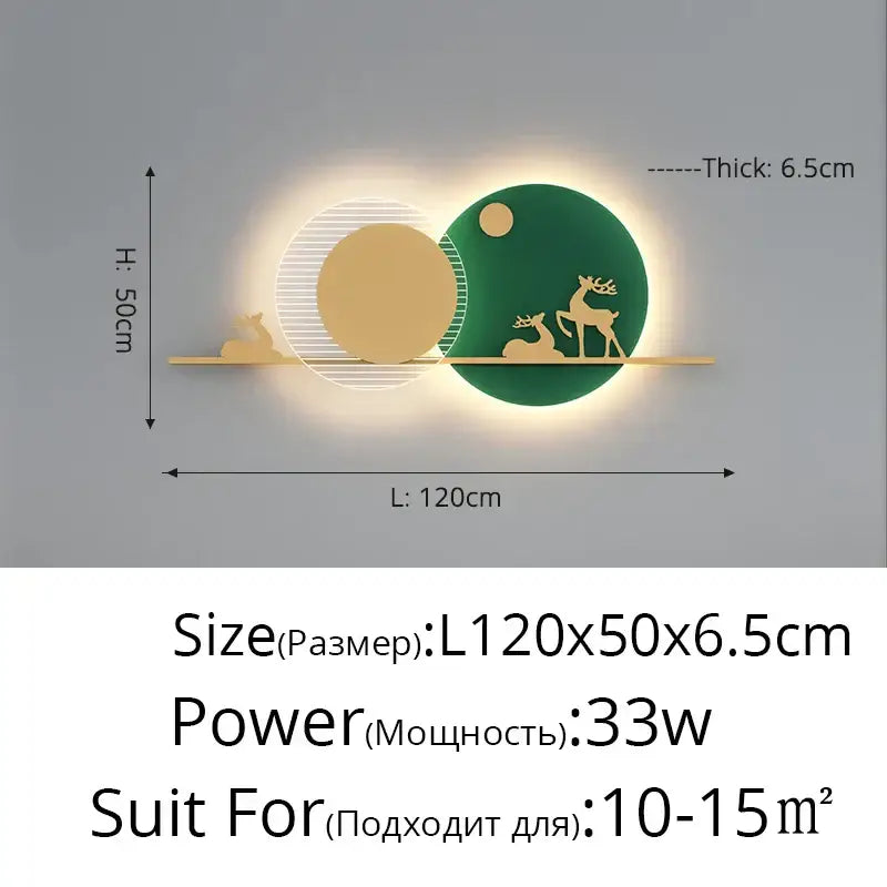 Modern black and white led wall lamps with gold and green circular panels mounted on a minimalist metallic bar