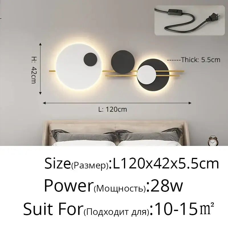 Modern black and white led wall lamps with three circular illuminated panels connected by gold-toned bars for bedroom lighting