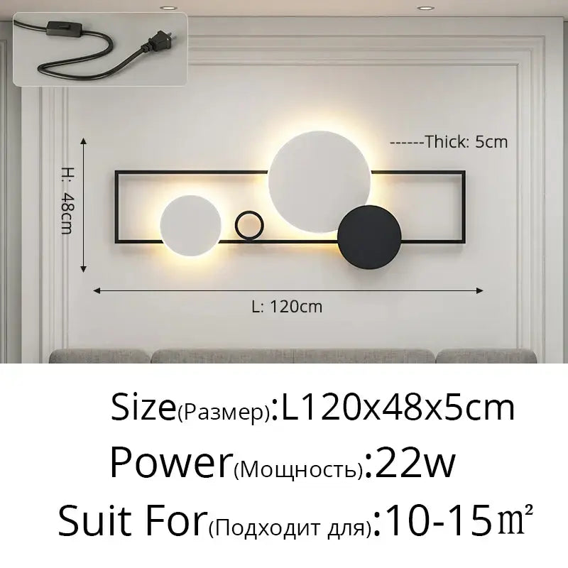 Modern black and white led wall lamps with a sleek black metal frame and three circular light fixtures for bedroom lighting