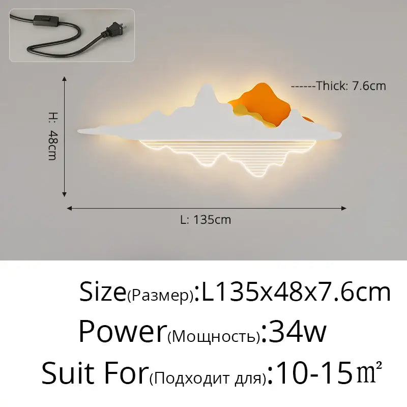 Modern black and white led wall lamps featuring a white and orange mountain-shaped design with glowing led light strip base