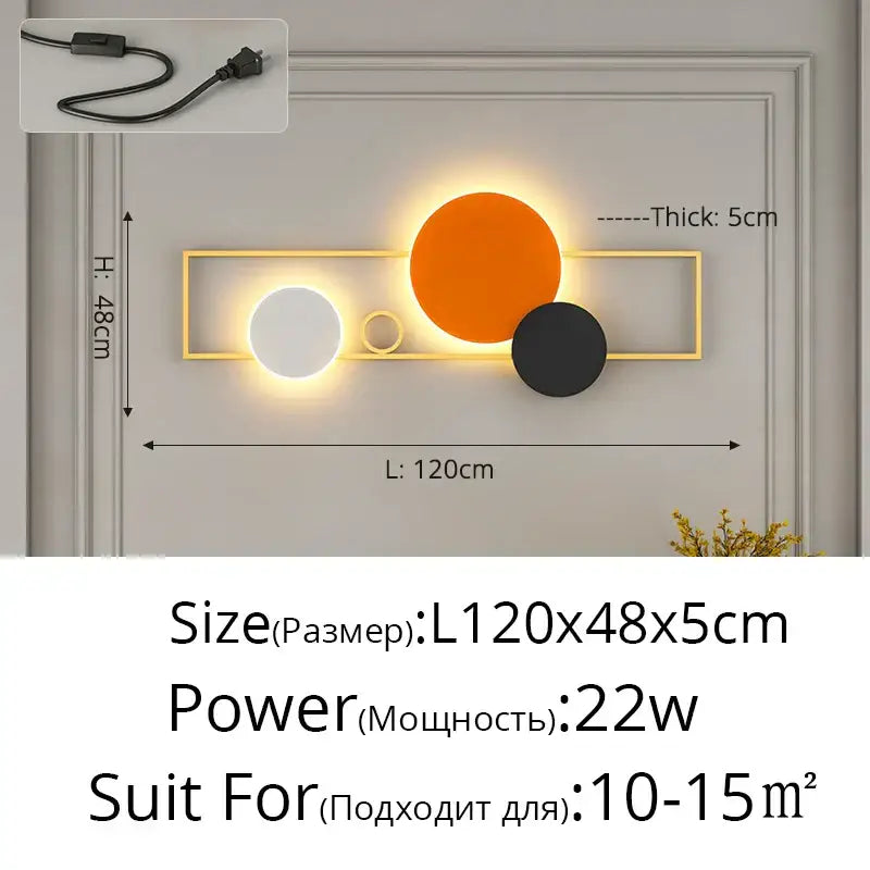 Modern black and white led wall lamps with a gold-toned geometric frame and three circular light panels for bedroom lighting