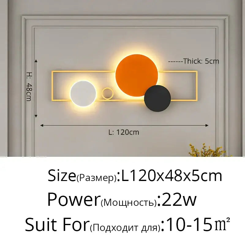 Modern black and white led wall lamp with gold-toned rectangular frame and three circular light panels for bedroom lighting