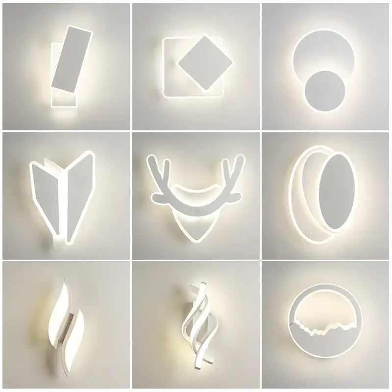 Modern black and white led wall lamps in sleek white acrylic with geometric and nature-inspired designs for bedroom