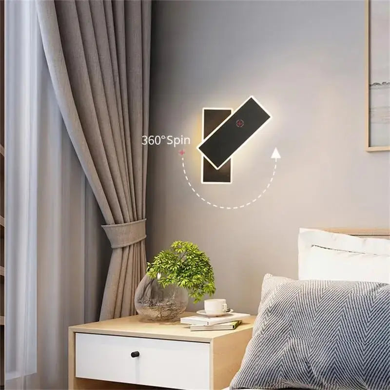 Black rectangular led wall lamp with sleek modern design and 360-degree rotation for bedroom use