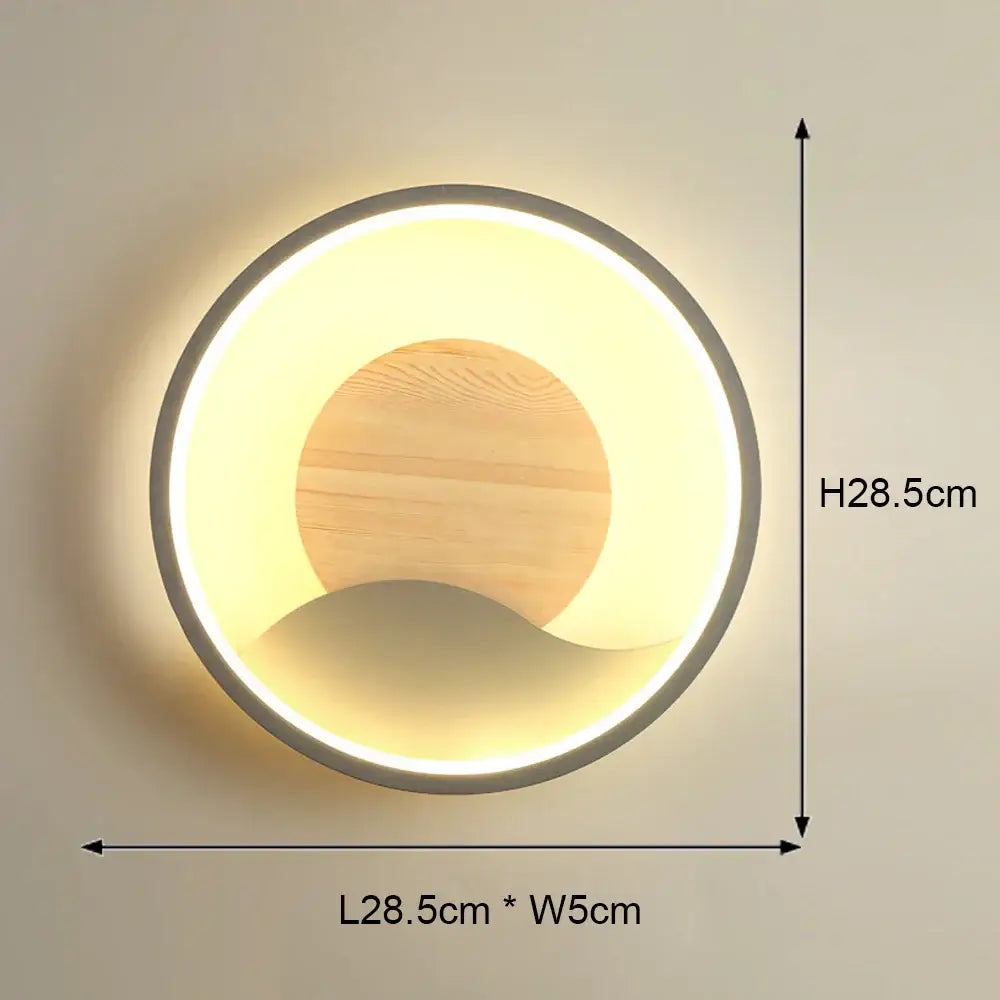 Modern black and white led wall light with circular wood center and metallic frame for bedroom use wall light