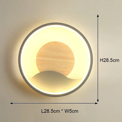 Modern black and white led wall light with circular wood center and metallic frame for bedroom use wall light