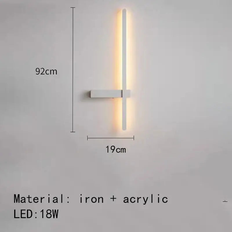 Modern black and white led wall lights feature a sleek white iron and acrylic minimalist sconce with warm vertical led strip
