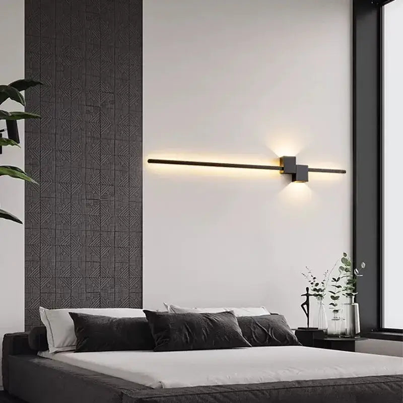Modern black minimalist wall lights featuring a sleek horizontal bar with warm decorbites led wall lighting
