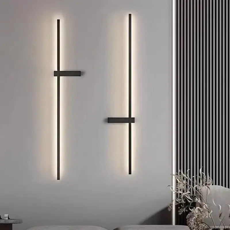 Modern black minimalist led wall lights with sleek vertical strips and horizontal crossbars for living room decorbites led wall
