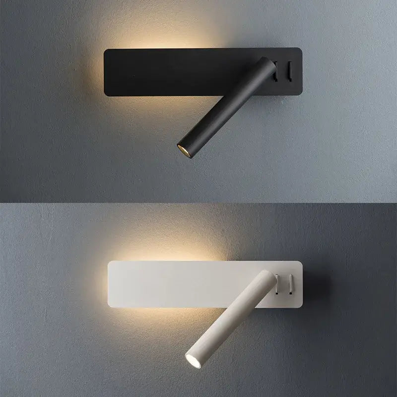 Modern black and white led wall reading lamp with adjustable spotlight arm and minimalist design for bedroom decorbites led wall