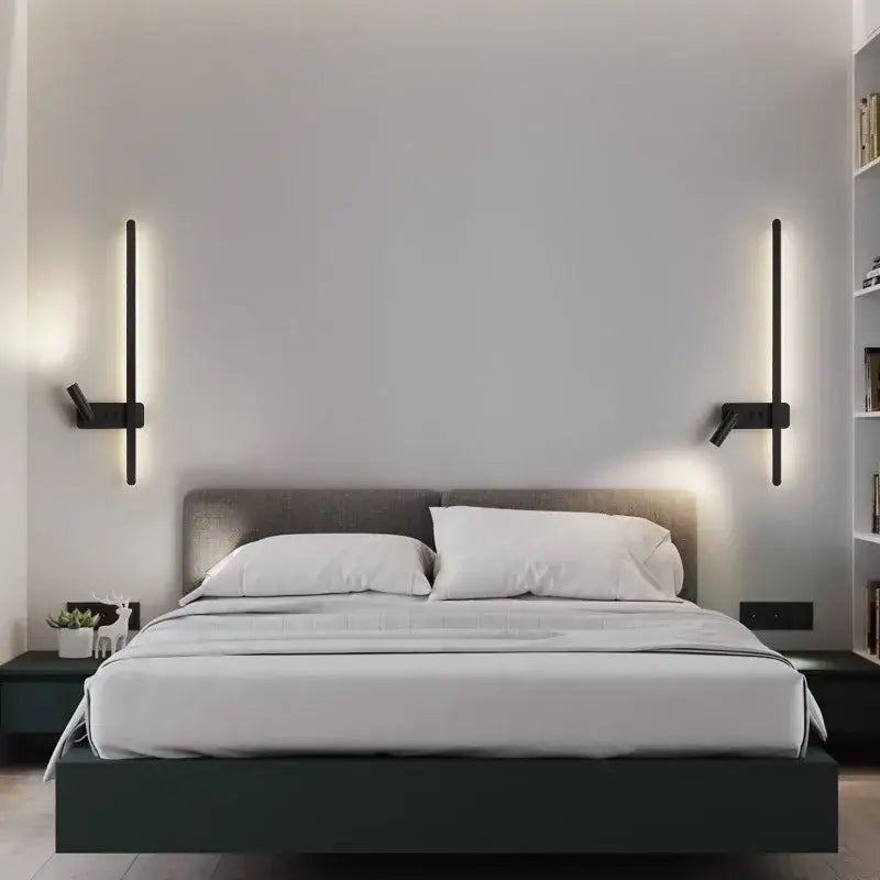 Modern black and white led wall sconce with sleek vertical strips and adjustable spotlight for bedroom decorbites led wall use