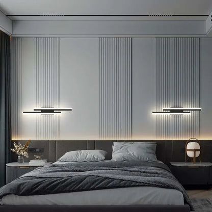 Modern black and white led wall sconce lamp with integrated lighting for bedroom use in a sleek linear design