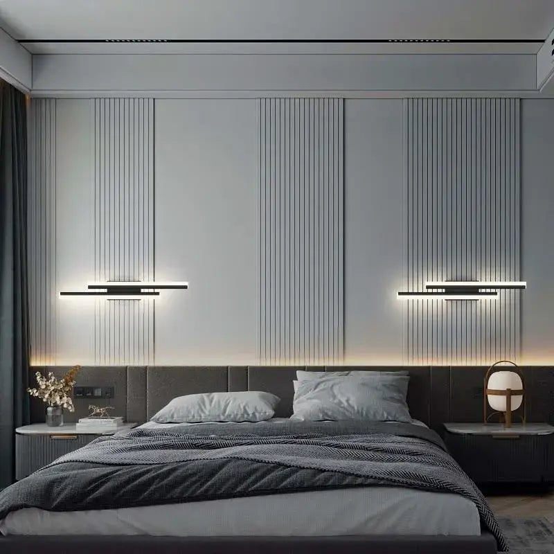 Modern black and white led wall sconce lamp with integrated lighting for bedroom use in a sleek linear design