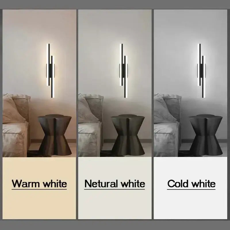Modern black and white led wall sconce lamp with three vertical bars emitting warm, natural, or cold white light