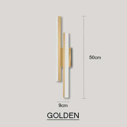 Modern black and white led wall sconce lamp with gold and white vertical bars mounted on a sleek golden base