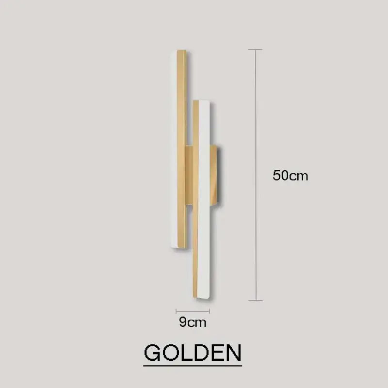 Modern black and white led wall sconce lamp with two vertical bars in gold and white on a sleek golden base