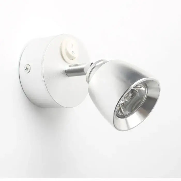 Silver-finished adjustable spotlight wall lamp with white base and circular switch in modern black white led wash reading design
