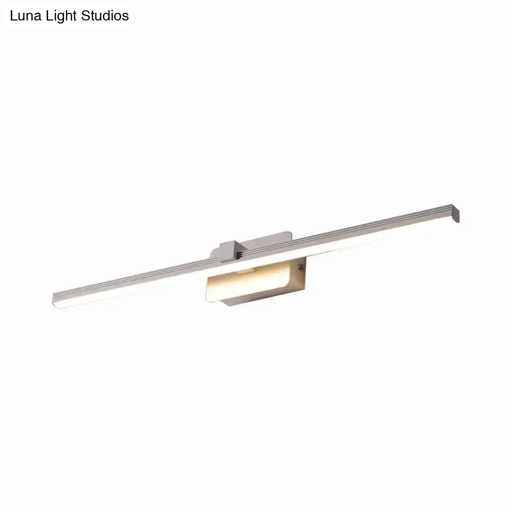 Modern black white linear light fixture with sleek silver led rectangular design and warm white bathroom wall sconce illumination