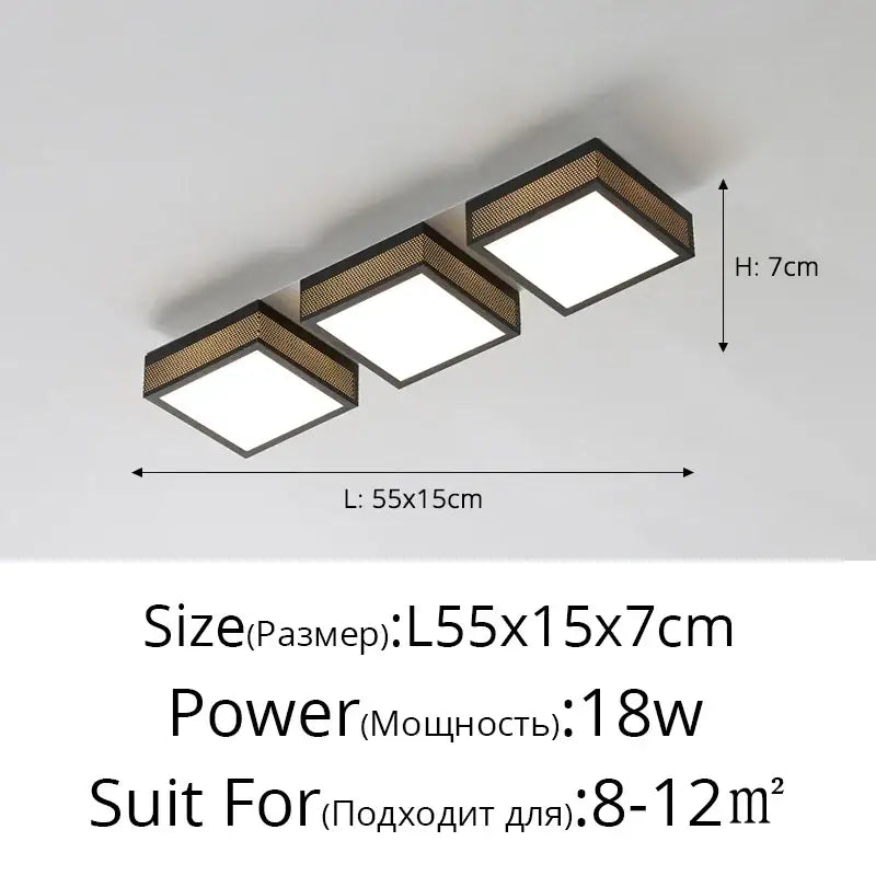 Modern black led ceiling light fixture with three square panels and woven gold tone accents for bedroom use