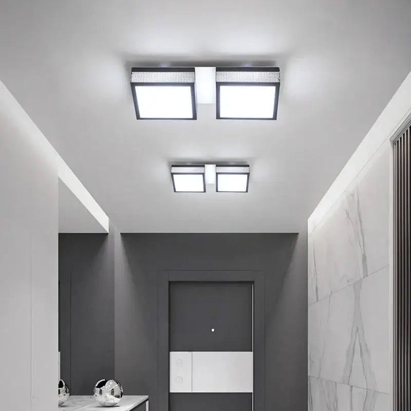 Modern black framed led ceiling light with two square panels and white mesh accent for bedroom use