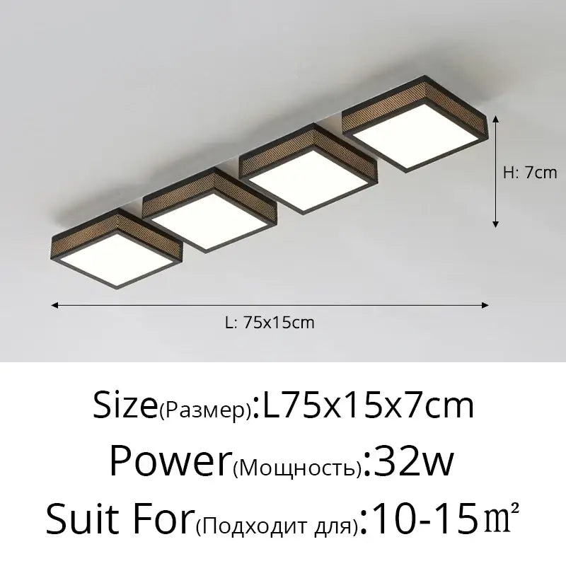 Modern black and white mesh led ceiling lights with dark brown woven frame and four bright white square panels
