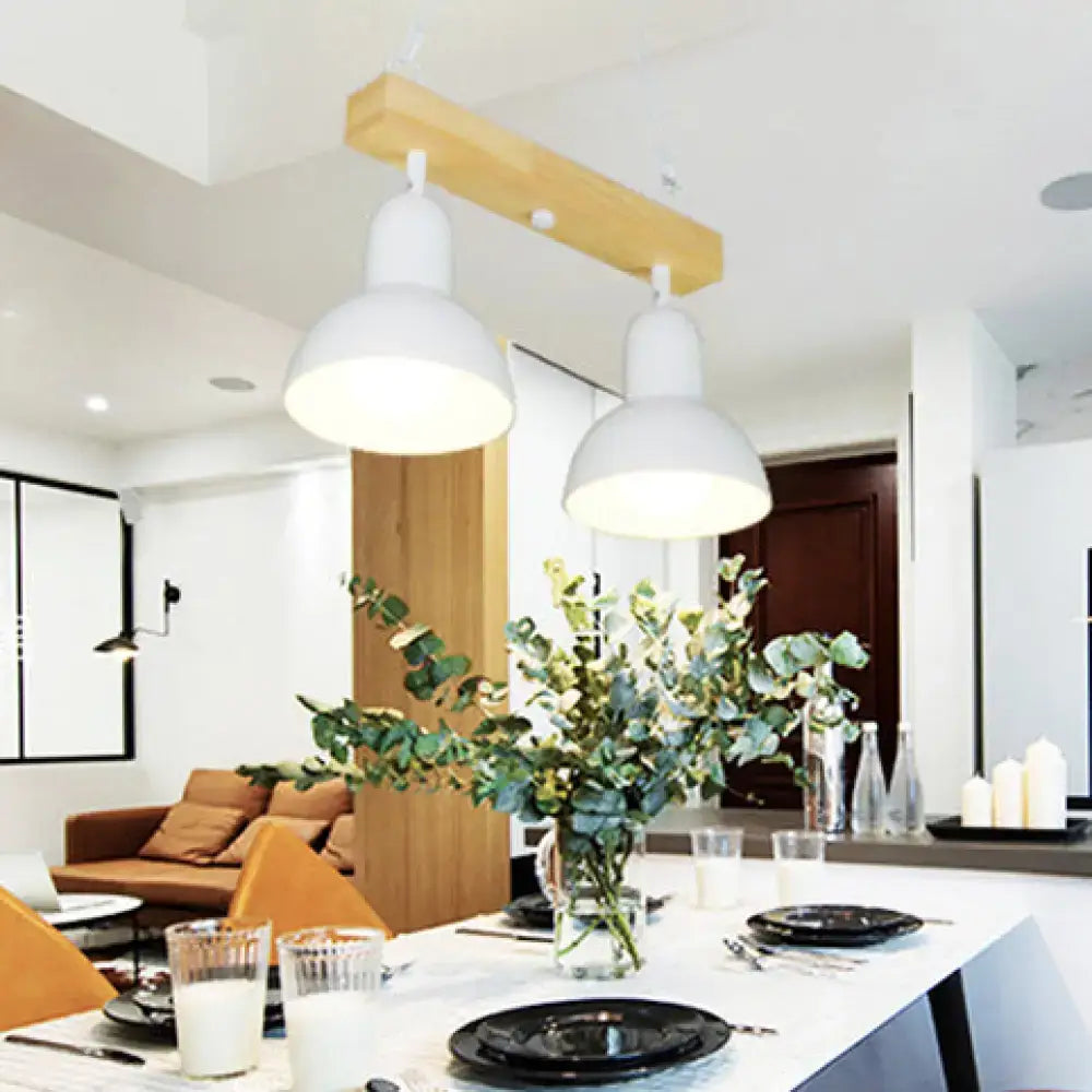 Modern white metal pendant lights with a wooden beam in black white metal finish for kitchen island lighting