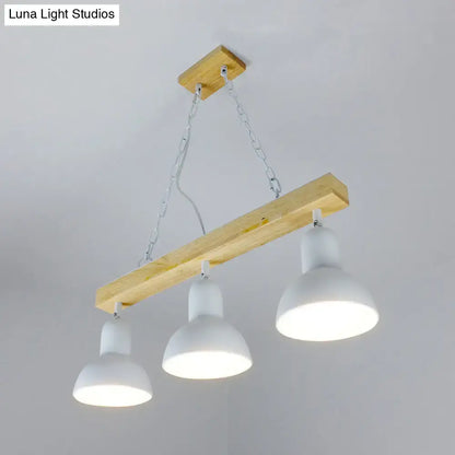 Decorbites modern dome island lighting with rustic wooden beam and three white metal black white pendant lampshades