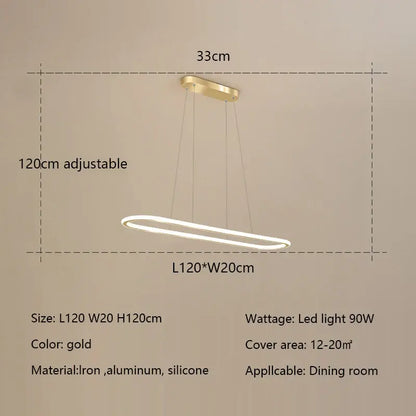 Gold-colored oval led chandelier pendant light with sleek modern design made of iron and aluminum for dining room