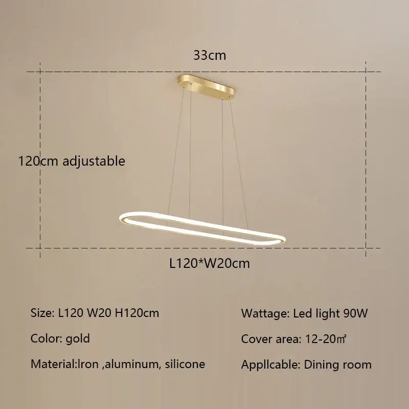 Gold-colored oval led chandelier pendant light with sleek modern design made of iron and aluminum for dining room