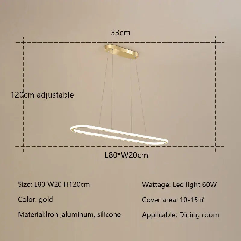 Gold-colored oval led chandelier pendant light with sleek modern design made of iron aluminum and silicone for dining room