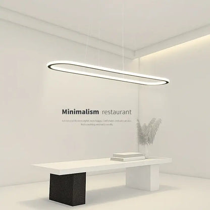 Modern black and white oval led chandelier with sleek elongated oval design and thin black frame for dining room lighting